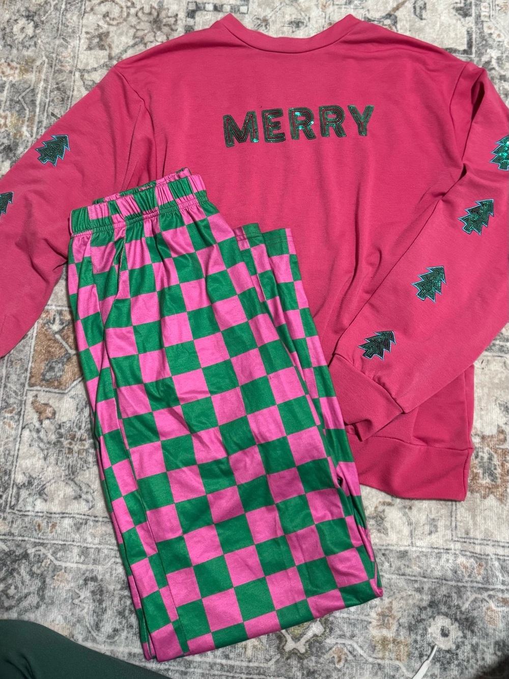 Krush Kandy Merry Sequin Christmas Sweater + Pink Green Checker Pants Set M
